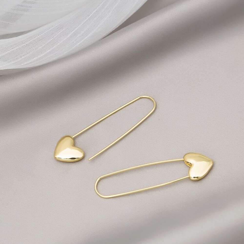 Gold Safety Pin Heart Earrings